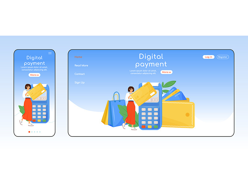 Digital payment adaptive landing page flat color vector template