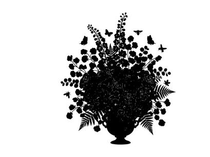 Silhouette of a vase with flowers and butterflies