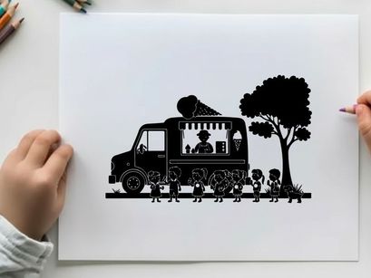 Silhouette of a food truck with people and a tree