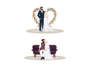 Muslim couple on wedding day flat color vector faceless character set preview picture