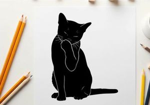 Silhouette of a black cat sitting and pawing at its face