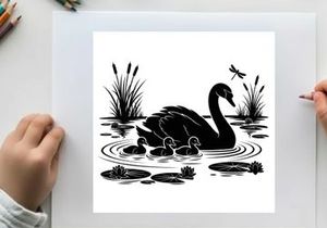 Mother swan and cygnets in pond silhouette