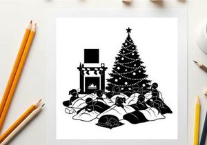 Christmas silhouette of children sleeping near tree and fireplace