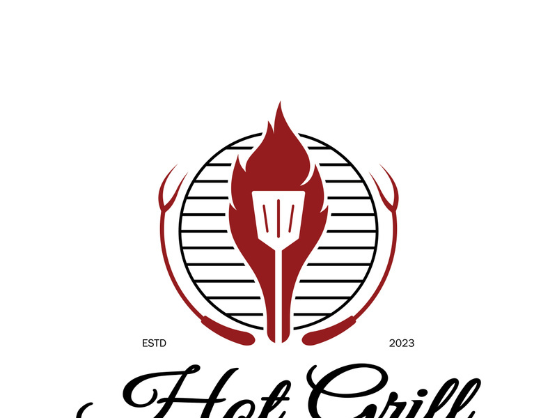 Simple Barbecue Vintage hot grill, with crossed flames and spatula. Logo for restaurant, badge, cafe and bar.vector