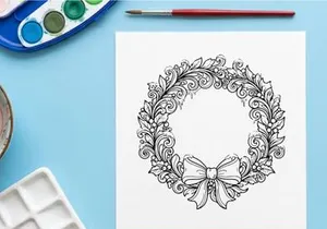 Elegantes schwarz-weißes Weihnachtskranz-Design mit floralen und Rankenverzierungen für festliche Deko