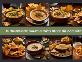 Homemade hummus with olive oil and pita chips preview picture