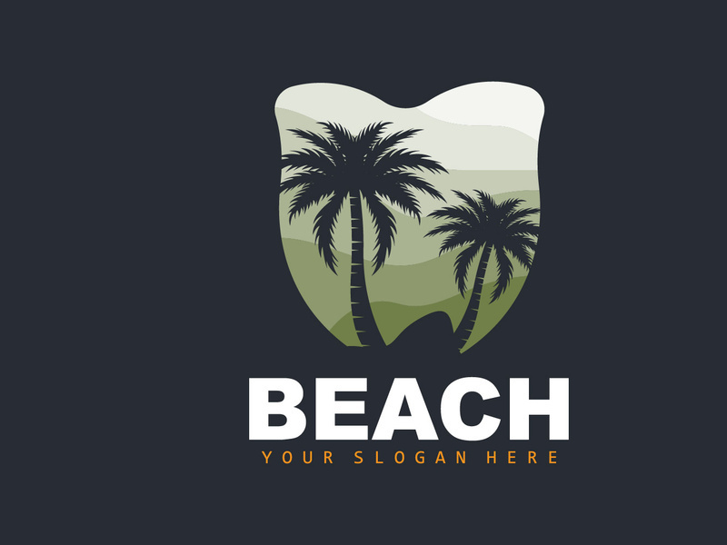 Coconut Tree Logo With Beach Atmosphere, Beach Plant Vector, Sunset View Design