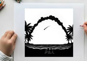 Comet or meteor passing over tropical island in silhouette