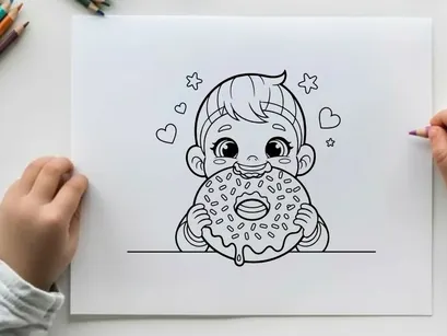 Cute baby eating donut with hearts vector illustration