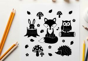 Whimsical forest creatures in silhouette with mushrooms and flowers