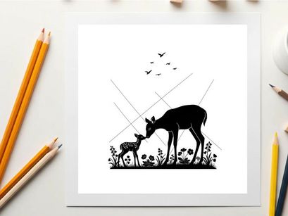 Deer silhouette of mother and fawn in wildflowers with birds