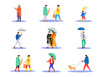 People with umbrellas flat color vector faceless characters set preview picture