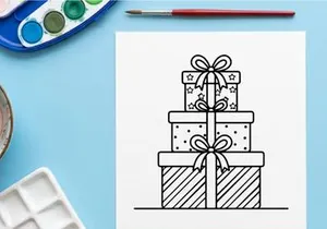 Stack of Christmas gift boxes with bows, black and white line art illustration.