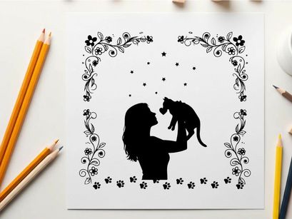 Silhouette of woman kissing a cat surrounded by flowers