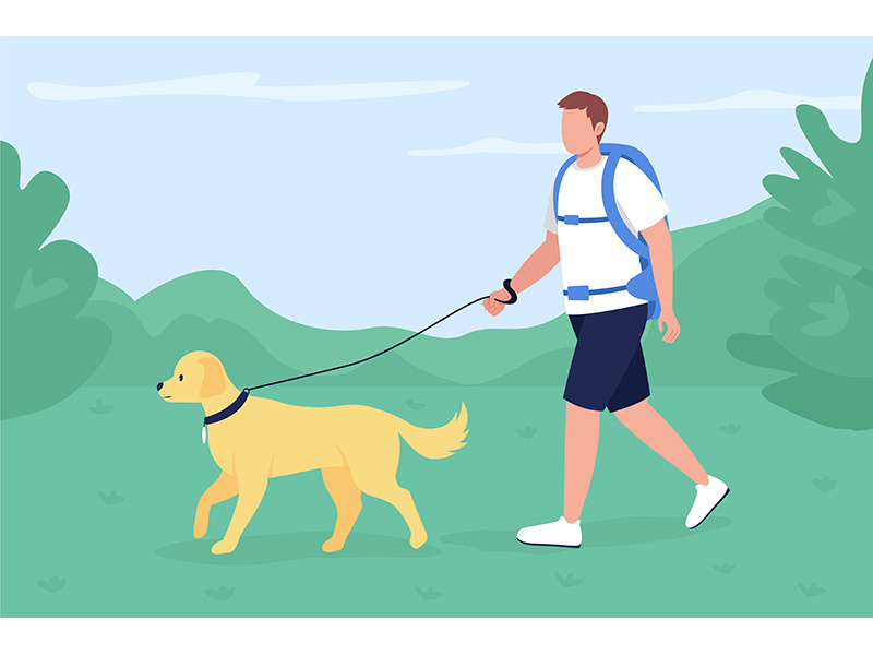 Trekker walk with dog in countryside flat color vector illustration