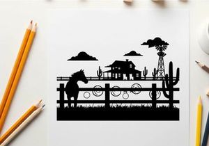 Western landscape silhouette with horse house and windmill