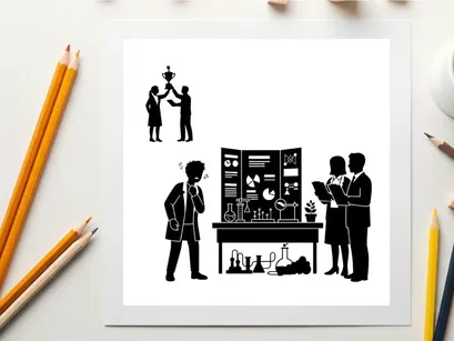Silhouette of people in a science classroom setting with experiments