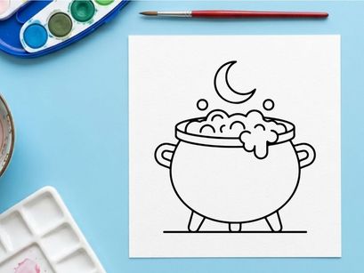 Steaming cauldron with bubbling potion under crescent moon. Classic witch's brew kettle boiling with magical smoke and mystical vapor.