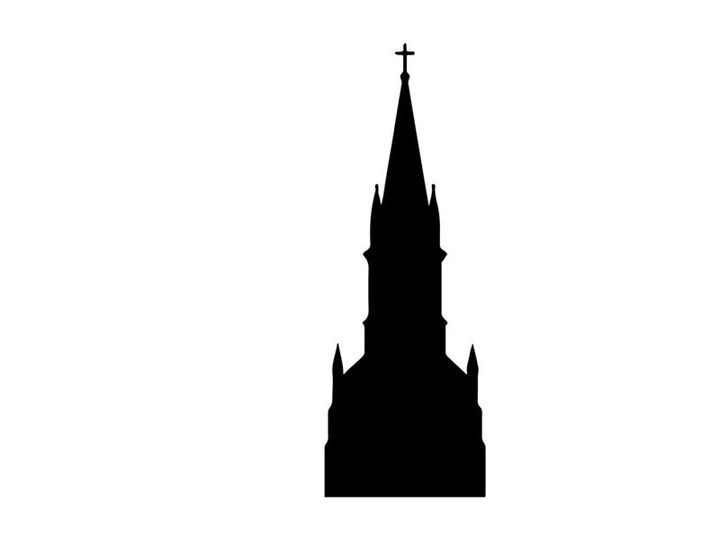 Black silhouette of a church steeple with a cross isolated on a white background.