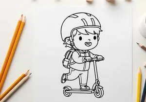 Child riding scooter with helmet vector illustration