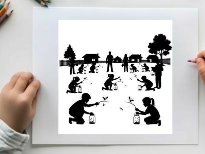 Silhouette of children releasing fireflies on a summer evening in a suburban setting