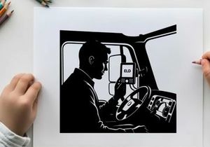 Silhouette of a man driving a truck with a retro dashboard