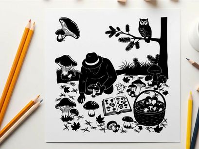 Silhouette of a person foraging for mushrooms in a forest with an owl