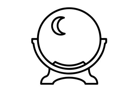 Crystal ball icon with moon symbol. Magic sphere line art for fortune telling and divination.