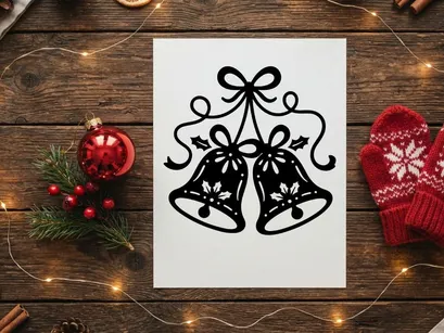 Black and white Christmas bells illustration with ribbon and holly leaf design elements.