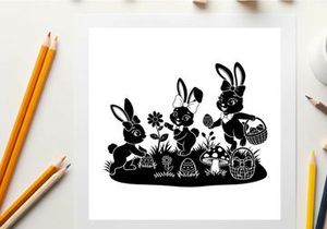 Easter bunny silhouette scene with eggs and flowers