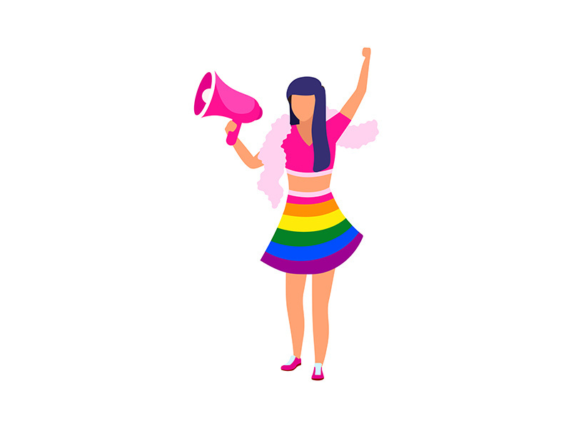 Girl with loudspeaker wearing rainbow outfit semi flat color vector character