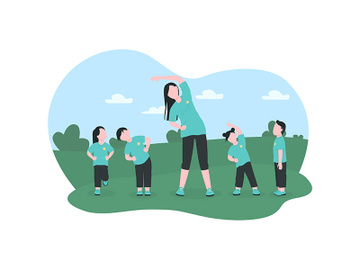 Children exercise with preschool teacher 2D vector web banner, poster preview picture