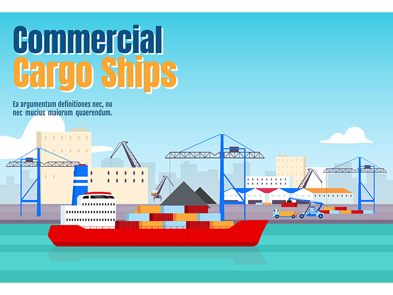 Commercial cargo ships banner flat vector template