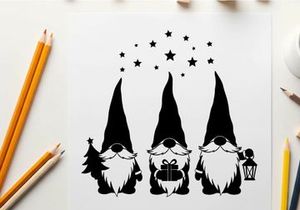 Three gnomes silhouette with christmas tree gift and lantern