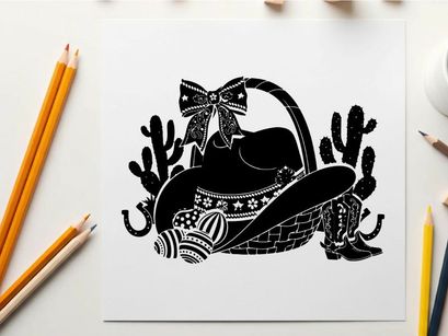 Western cowboy hat silhouette in a decorative basket
