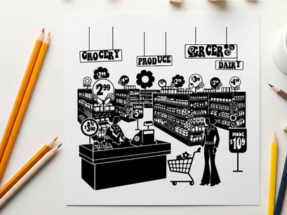 Silhouette of a man shopping in a grocery store aisle