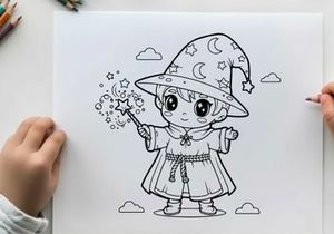 Cute girl wizard casting magic stars vector illustration