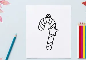 Christmas candy cane ornament with star icon, simple black line art vector illustration