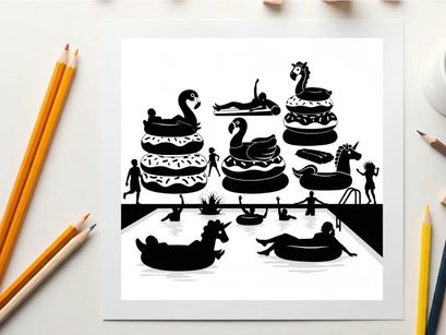 Silhouette of people on inflatable pool toys on a large table