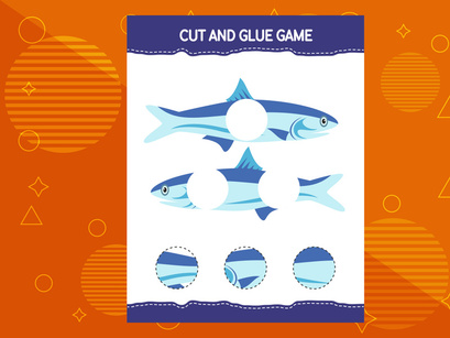 10 Pages Cut and glue game for kids with fish. Cutting practice for preschoolers. Education worksheet.