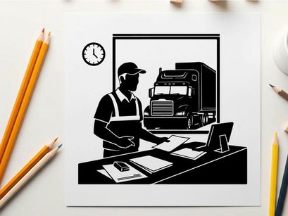 Silhouette of a man in an office with a large truck outside