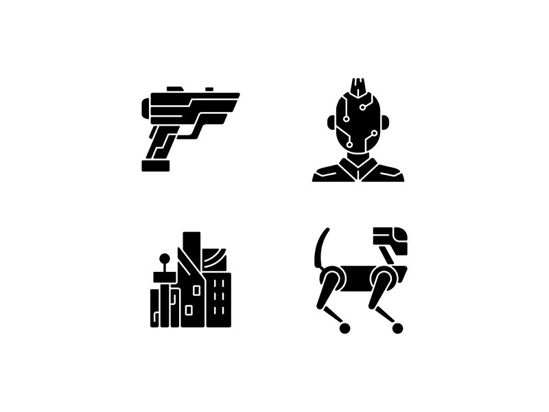 Cyberpunk items black glyph icons set on white space