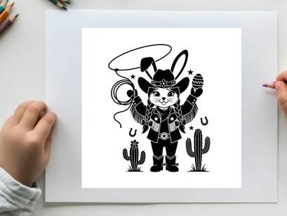 Western bunny silhouette in cowboy hat with lasso and cacti