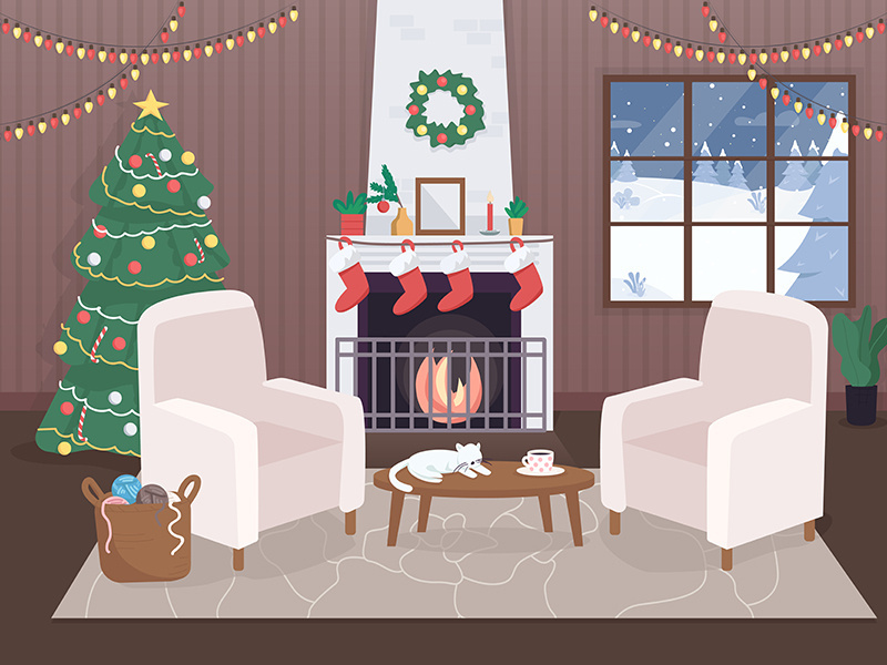 Decorated christmas house inside flat color vector illustration