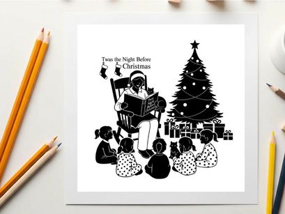 Silhouette of a man reading to children by a christmas tree silhouette