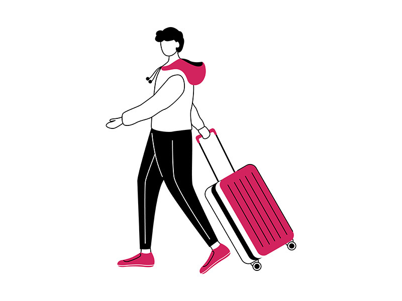 Boy tourist with suitcase flat contour vector illustration