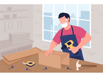 Male carpenter in mask and protective glasses at work flat color vector illustration preview picture