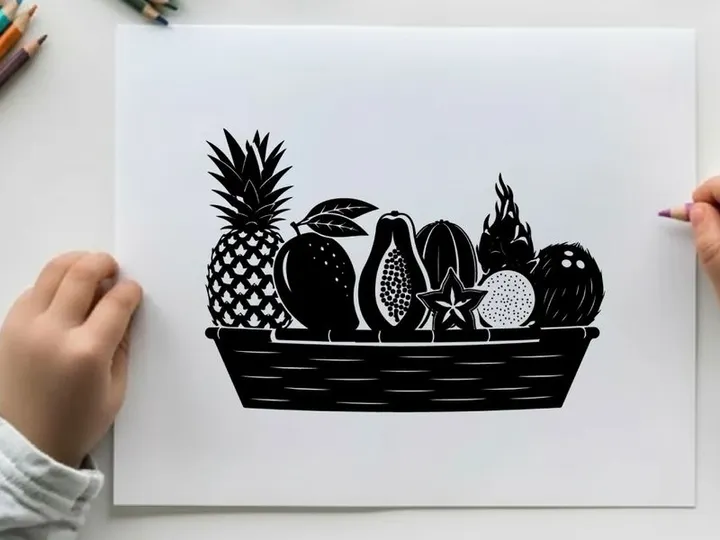 Silhouette of fresh fruit in a woven basket