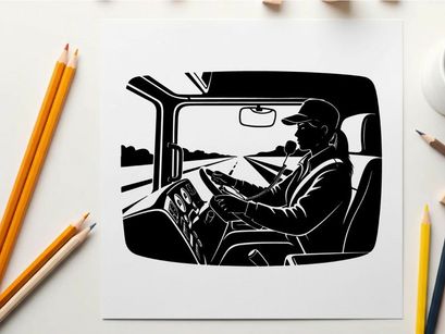 Silhouette of a truck driver driving on the highway in his vehicle