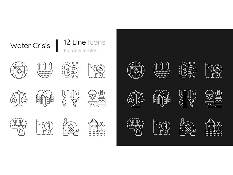 Global water crisis linear icons set for dark and light mode